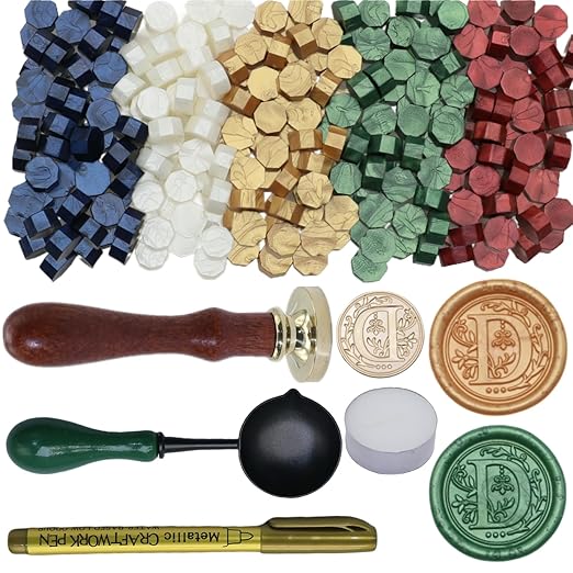 Initial Alphabet Wax Seal Stamp Kit, Retro Letter Sealing Stamp with 150Pcs Sealing Wax Beads Spoon Pen Set for Wedding Invitations Cards Envelopes (D)
