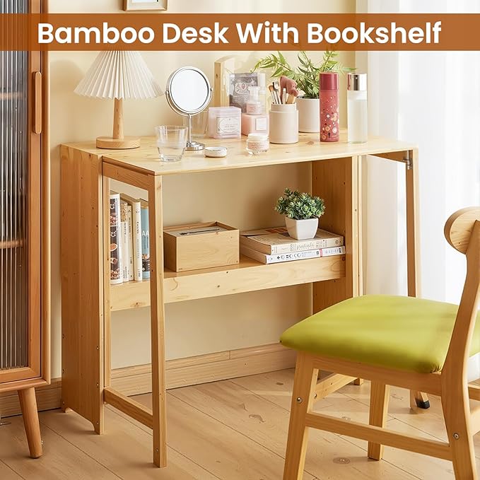 41" Bamboo Folding Desk with Bookshelf, Folding Bamboo Desk for Small Spaces, Computer Table Space Saving, Wooden Desks for Home Bedroom Study Office Bamboos Writing Desks, Primary