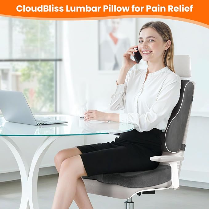 CloudBliss Lumbar Support Pillow, Memory Foam for Office Chair, Gray | Ergonomic High-Density Memory Foam, Adjustable Straps, Washable Mesh Cover, Lower Back Support for Office, Gaming & Car Seat