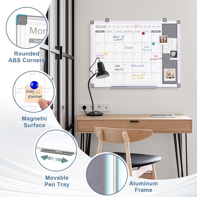 MAKELLO Dry Erase Calendar for Wall 24" x 18", Whiteboard Calendar and Grey Felt Board Combo for Office Home School