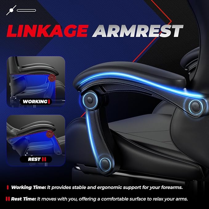 Auto Dynasty Ergonomic Gaming Chair, High-Back Office Chair w/Adjustable Lumbar Support, Linkage Armrest, Headrest & Footrest, 350LBS Recliner Swivel Computer Game Racing Chair, Black
