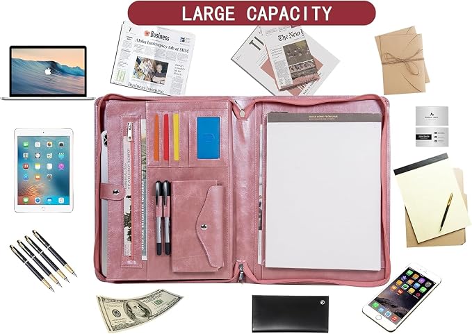 AZXCG Personalized Leather Portfolio,Free Engraved Name,Padfolio for Women Organizer with Zippered, A4 Notepad Holder, Portfolio with Handle,Business Portfolio with A4 Writing Pad,Gift for Men&Women