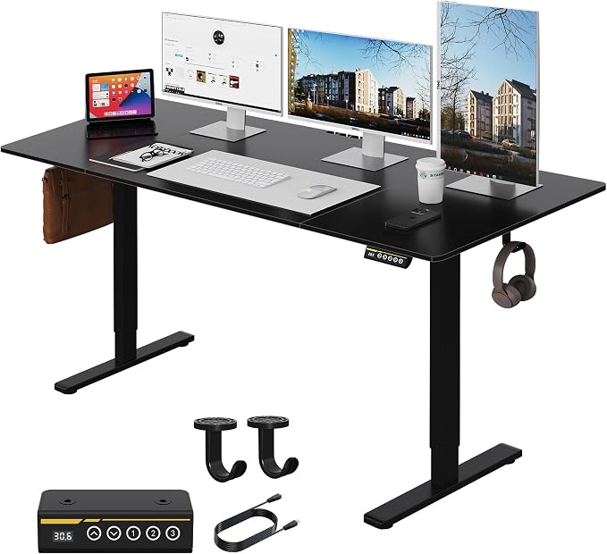 Large Electric Standing Desk,55x28 Inches Adjustable Height Stand up Desk, Sit Stand Home Office Desk, 3 Preset Heights,Equipped with Hooks,Ergonomic Computer Desk Workstation，Black