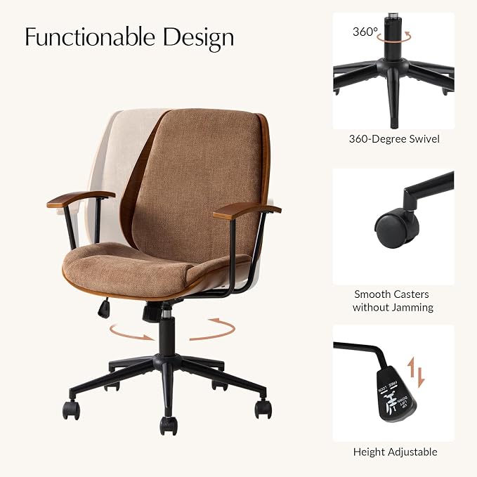 HULALA HOME Solid Wood Office Chair with Tilt Function & Metal Base, Camel | Mid Century Modern Desk Chair with Bent Wood Frame, 360° Swivel Fabric Computer Task Chair, Height Adjustable