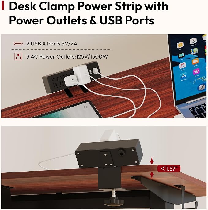 SANODESK Electric Standing Desk with Desk Clamp Power Strip 48"x 24" Whole-Piece Desktop Height Adjustable Stand Up Desk with Cable Management Sit Stand Home Office Desk Black Frame/Mahogany Top