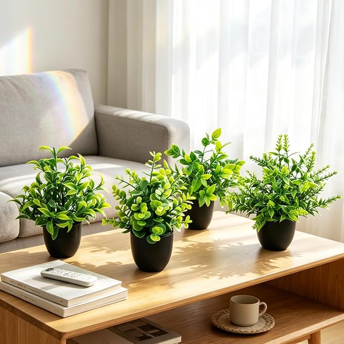 4 Pack Mini Fake Plants Artificial Potted Plants for Home Office Bathroom Shelf Desk Decor, Small Faux Greenery with Black Pots, Assorted Faux Grass & Leaf Plants for Indoor Aesthetic Decoration