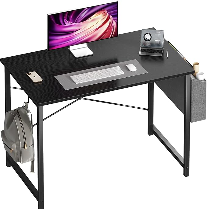 OLIXIS Small Computer Desk, 40 Inch Home Office Desks, Writing Study Craft Work Gaming Table, Computer Workstation for Bedroom Small Spaces with Storage Bag and Headphone Hook, Black