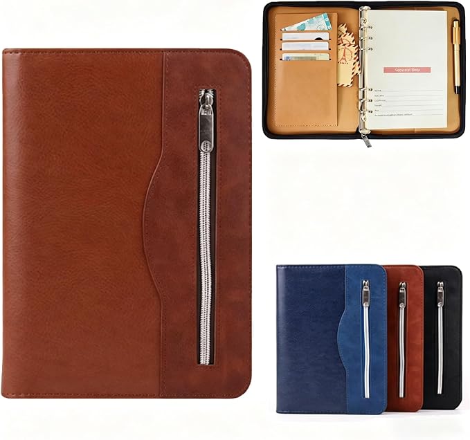 Marte Vanci A5 PU Leather Business Padfolio Notebook Zippered Closure and Interior Professional Interview Resume Document Organizer Brown
