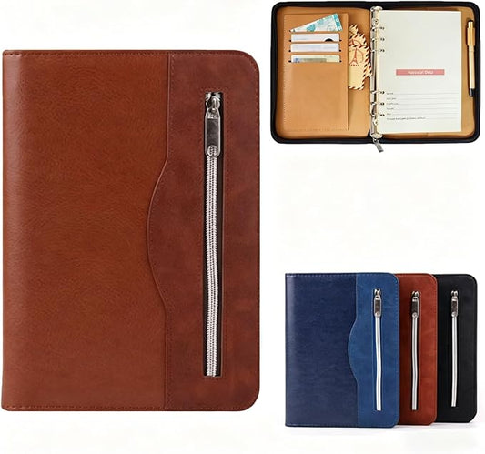 Marte Vanci A5 PU Leather Business Padfolio Notebook Zippered Closure and Interior Professional Interview Resume Document Organizer Brown