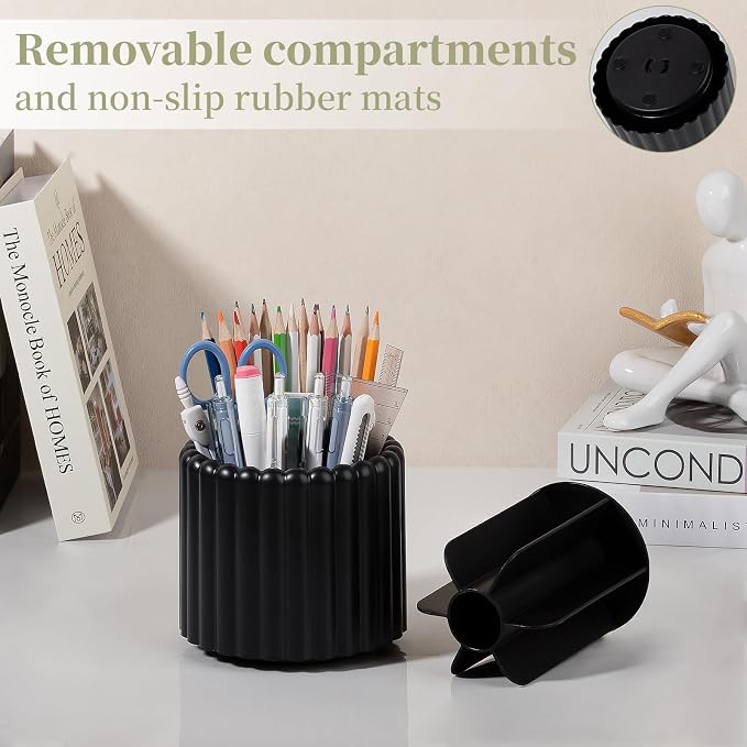 360° Rotating Pen Holder for Desk Removable Pencil Organizer, Black | 7 Slots Pen Cup Cute Office Supplies and Accessories Plastic Desktop Storage Box Art Caddy for School, Work, Home