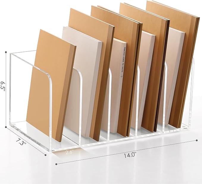 SANRUI Acrylic Magazine Holder Desk Organizer Workspace Sorters, Clear Bookend File Sorter Folder Rack For Home Office Accessories Organization Storage with 5 Vertical Compartments