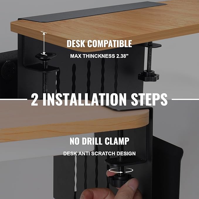 Desk Side Storage Organizer, Under Desk Laptop Holder with Magnetic Pen Holder, No Drill Hanging Desk Caddy for Office & Home, Clamp On Desk Shelf for Tablet, Files, Accessories (Black)