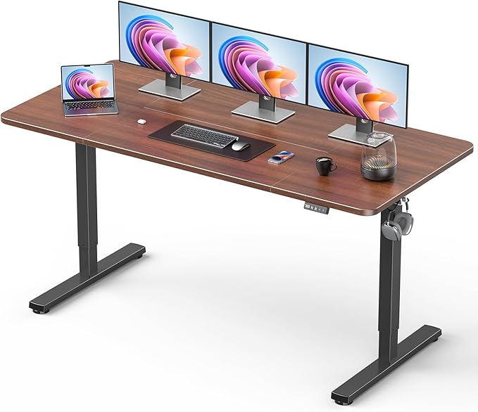 63" Electric Standing Desk Adjustable Height, Sit Stand up Desk for Home Office & Computer Workstation, 2 Memory Height Settings, Splice Board, 2 Hooks, Black Frame/Walnut Top
