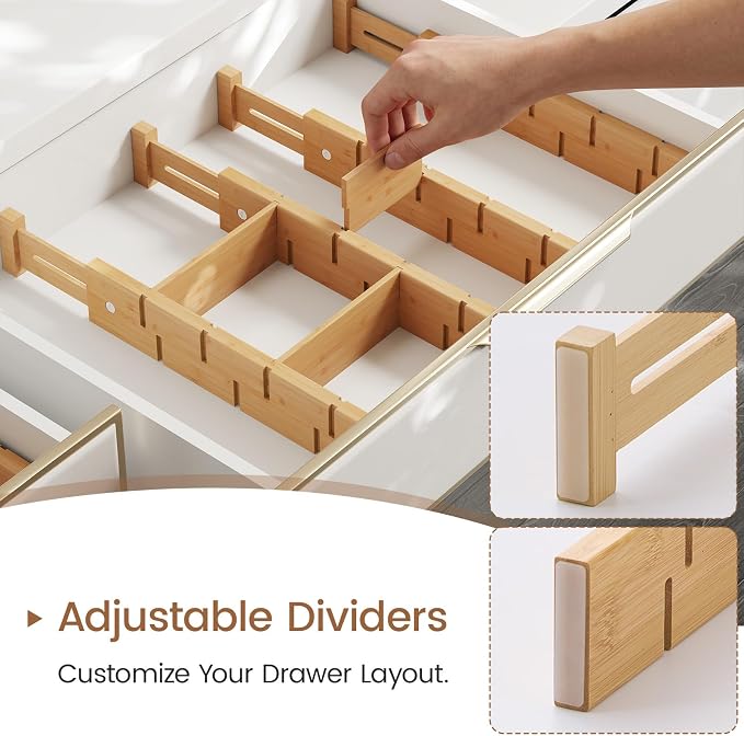Bamboo Drawer Dividers 4 Pack with Inserts, Kitchen Adjustable Drawer Organizers for Home, Bedroom, Dresser, Expandable Organization 4 Dividers with 8 Inserts