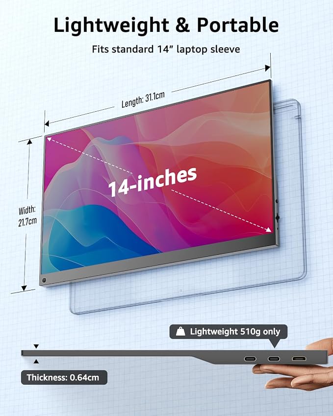 Yodoit Portable Monitor for Laptop 1920×1200 14" FHD Travel IPS Screen Display with USB Type C Port and Built-in Speakers with Cover Compatible with PC, MacBook, Xbox