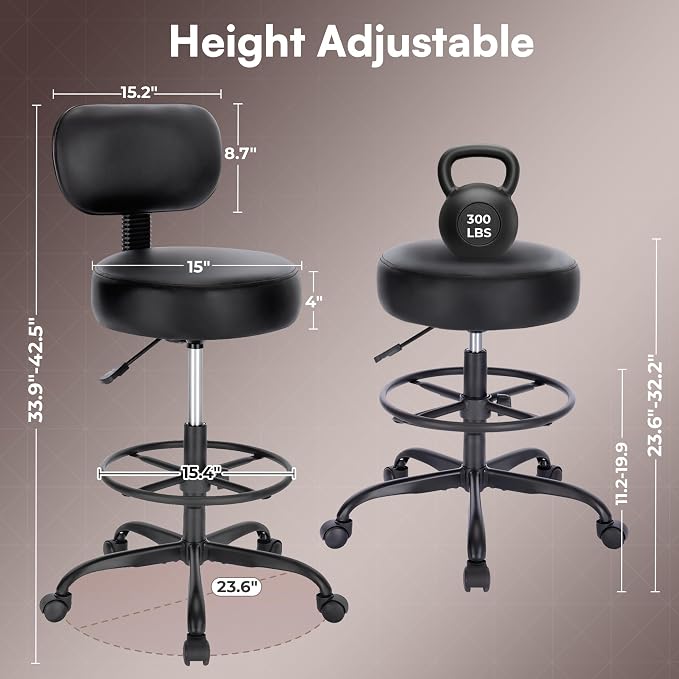 SUPERJARE Drafting Chair with Back, Adjustable Foot Rest Rolling Stool, Multi-Purpose Office Desk Chair, Thick Seat Cushion for Home Bar Kitchen Shop - All Black