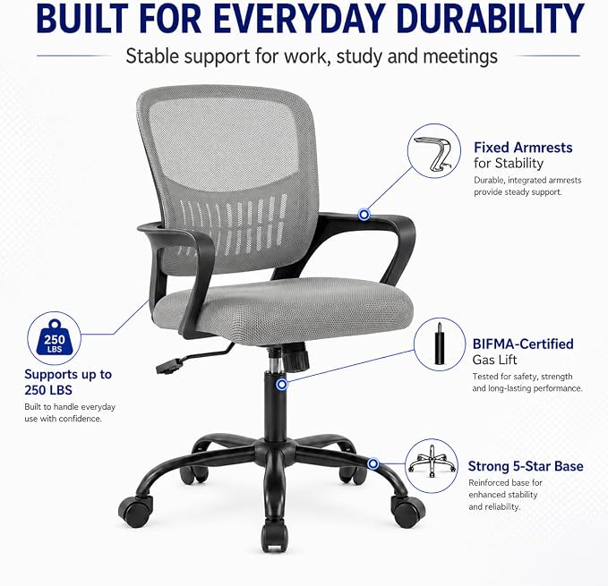 Ergonomic Office Chair, Home Office Desk Chair, Game Chair with Lumbar Support, Breathable Mesh Chairs, Swivel Desk Chairs for Computer, Home, Office, 360° Swivel (Grey)