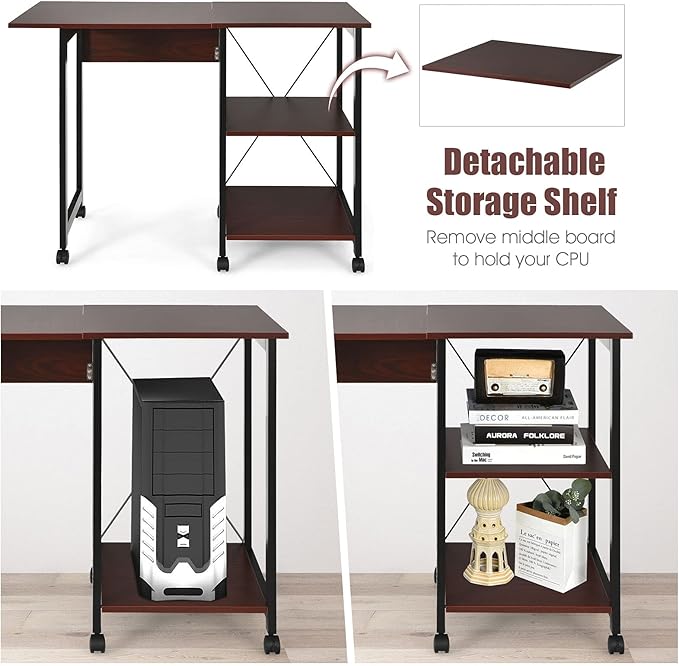 Tangkula Mobile Folding Computer Desk, Modern Writing Desk w/ 2-Tier Storage Shelves, PC Laptop Study Desk Workstation w/ 6 Wheels, Space Saving Compact Home Office Desk for Small Apartment (Brown)