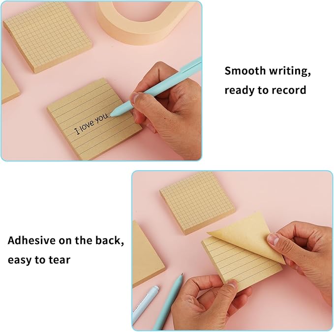 3 Pack Aesthetic Sticky Notes 3 x 3 Inches with Lines Grids, 80 Sheets/Pad, Brown
