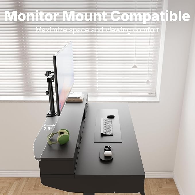 HUANUO 48 x 24 Inch Electric Standing Desk with 4 Drawers, Black | 4 Drawers For Organized Storage, Raised Monitor Shelf, C-Clamp Mount Support, 4 Memory Presets, 28.3–46.5 Inch Height Range