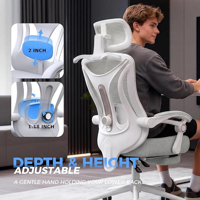 Ergonomic Office Chair - Adjustable Lumbar & Headrest, 90-160° Reclining with Footrest, Breathable Mesh Back - Home Office/Gaming Computer Chair (Modern, Light Grey)