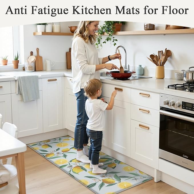 SHACOS Anti Fatigue Lemon Kitchen Rugs Mats Set of 2 Pieces Non Slip Soft Cushioned Standing Mat and Runner Wipeable Waterproof Floor Mat, 17"x27.5"+17"x47", Light Blue