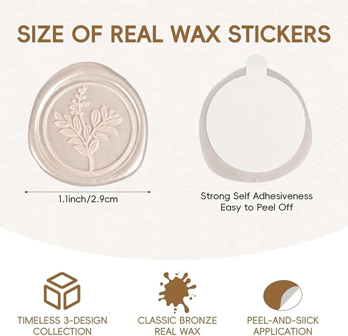 60 Pcs Wax Seal Stickers Set (3 Designs in 1 Pack) - Adhesive Backed Elegant Floral Designs for Wedding Invitation Envelope Seal Stickers Gift Wrapping (Champagne)