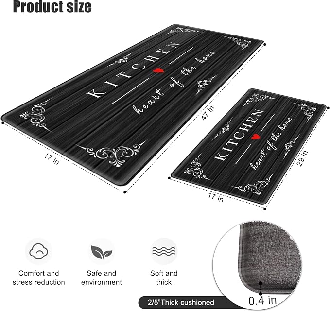 Sofort Kitchen Mat for Floor, Anti Fatigue Cushioned Kitchen Rugs Sets of 2 | Non-slip, Waterproof, Comfort, Rustic Wooden, Black, For Kitchen, Office, Sink, Laundry, 17"x 29"+ 17"x 47"