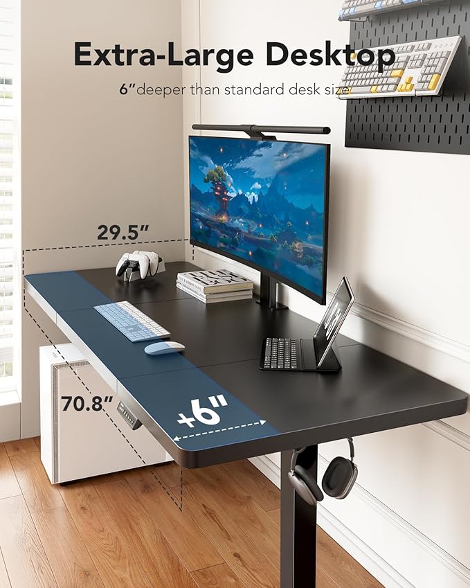 HUANUO 71 x 30 inch Electric Standing Desk, Powerful Brushless Motor Large Height Adjustable Table, 4 Memory Preset Sit Stand Up Desk, Home Office Computer Table with Thick T-Shaped Frame