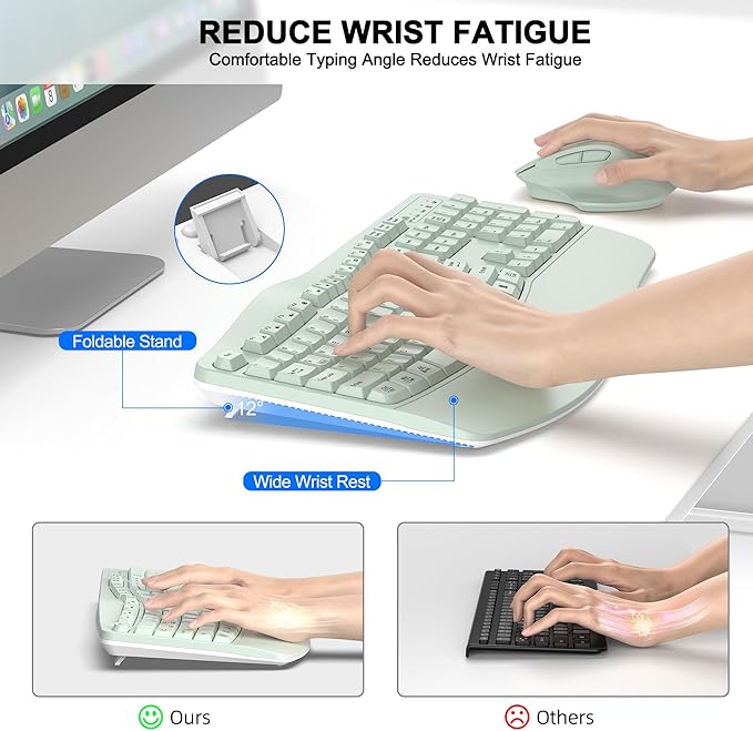 Wireless Keyboard and Mouse Combo, 2.4G Full Size Wave Keys Ergonomic Keyboard with Wrist Rest and 3-Level DPI Adjustable Wireless Ergonomic Mouse for Windows, Mac OS Desktop/Laptop/PC(Avocado Green)