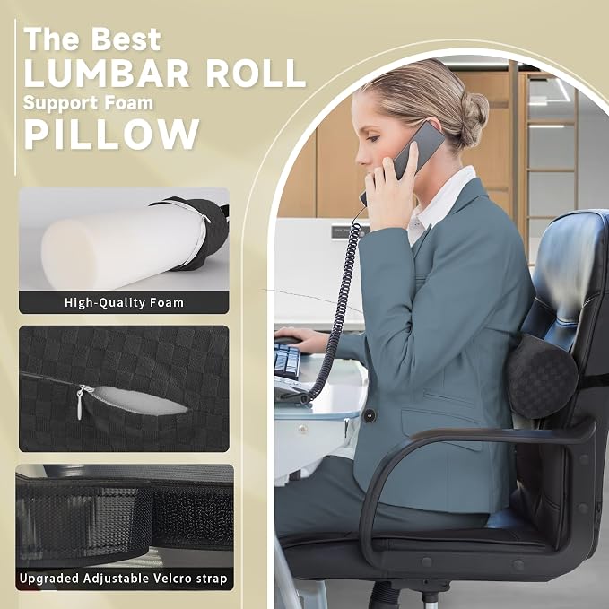 Coeyese Lumbar Roll Pillow for Lower Back Support, Dark Grey, 11 * 4.3'' | Removable Pillowcase, Upgraded Adjustable Strap, Suitable for Office, Chair, Car, Seat Pain Relief & Improving Posture