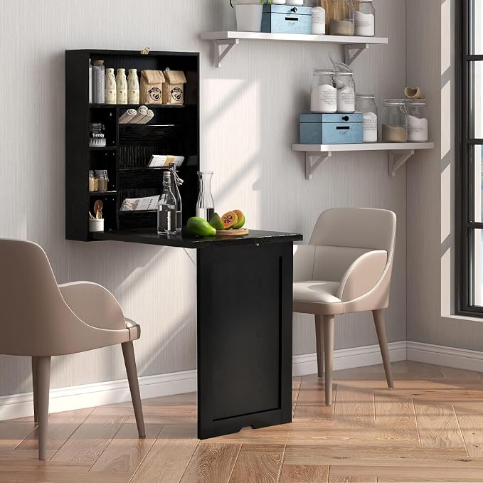 Wall Mounted Desk, Wood Collapsible Floating Desk, Convertible Computer Desk with Storage Area, Hanging Fold Out Table for Home Office, Small Spaces (Black)