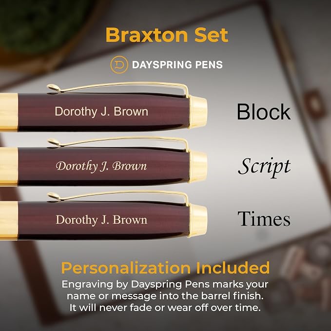Braxton Engraved Ballpoint and Rollerball Set, Red Lacquer with 18K Gold, Parker G2 and Waterman Refill Compatible, Gift for Graduation, Career Advancement, Retirement, Gift Case Included