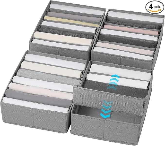 4 Packs Adjustable T-shirt Drawer Organizers for Clothing with 6 Adjustable Dividers, 7 Grids Wardrobe Storage Box, DIY Clothes Organizer for Folded Clothes, T-shirt, Legging