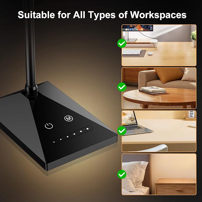 LED Desk Lamp, 7W 390LM Eye-Caring Desk Light with 5 Color Modes & Stepless Dimming, 360° Flexible Gooseneck Touch Control Table Lamp for Bedroom Bedside Study Black