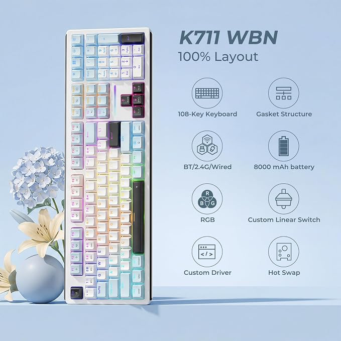Redragon K771 Wireless Mechanical Keyboard, 108-Key Gaming Keyboard with 4 Extra Hotkeys, 5-Layer Noise Dampening, Pre-lubed Linear Switches, Hot-swap Custom RGB Keyboard for PC/Mac - Blue&White