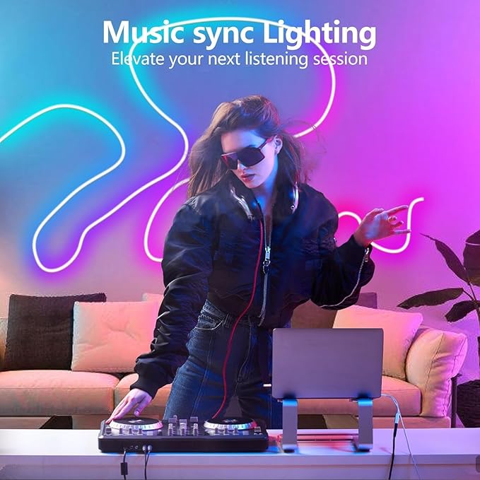 RGBIC Neon Rope Lights, Smart LED Neon Rope Lights with Remote APP Control，Music Sync, Custom DIY Neon Strip Lights for Gaming Room and Wall Decor, Secure Mounting Clips, 32.8ft