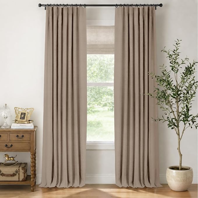 INOVADAY 100% Blackout Curtains for Bedroom, Black Out Curtains 84 Inch Long, Clip Rings Linen Blackout Drapes, Thermal Insulated Room Darkening for Living Room, 2 Panels - Taupe,W50xL84