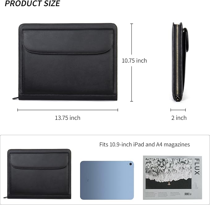 Genuine Leather Portfolio for Men Women Zipper Business Resume Padfolio Organizer Binder A4 Meeting Folder 13 inch black