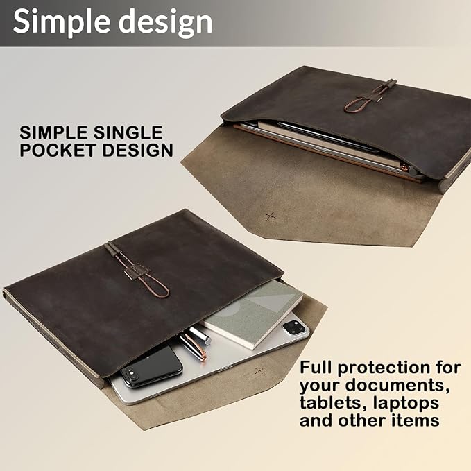 Genuine Leather Envelope Document Holder， Leather File Folder Organizer，Envelope Document Holder for Men&Women, Personalized Folio Laptop Sleeve Case for 15" Laptops, Tablets