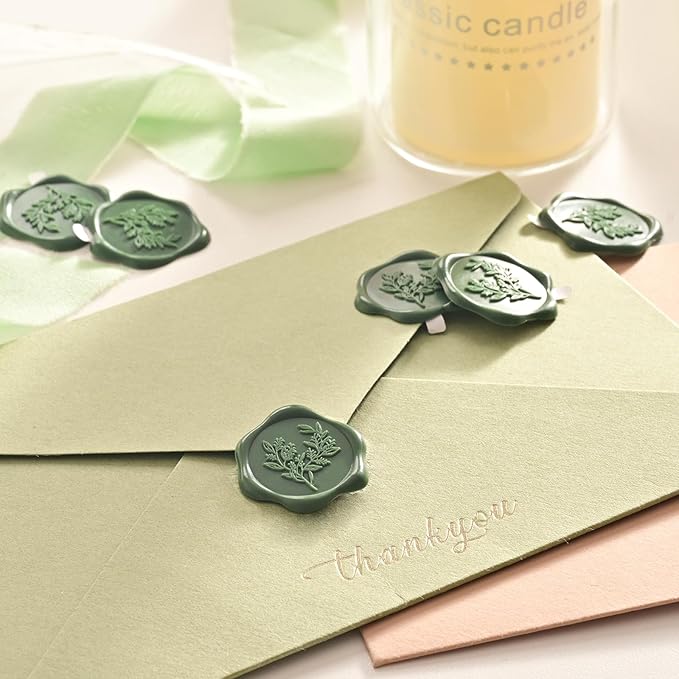 UNIQOOO Wax Seal Stickers - Eucalyptus Wedding Invitation Envelope Seal Stickers, 100 Pcs Self- Adhesive Olive Green Stickers, Perfect for Invitation, Envelopes, Gift Wrapping, Christmas
