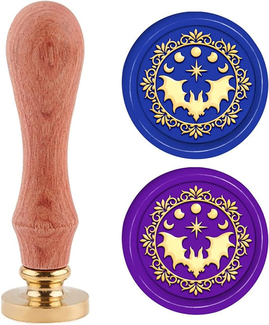 PH PandaHall Bat Wax Seal Stamp Kit, 30mm Halloween Wax Seal Stamp Moon Star Wax Sealing Stamp Removable Retro Brass Head Stamp with Wooden Handle for Birthday Party Envelopes Invitation Card Bottle