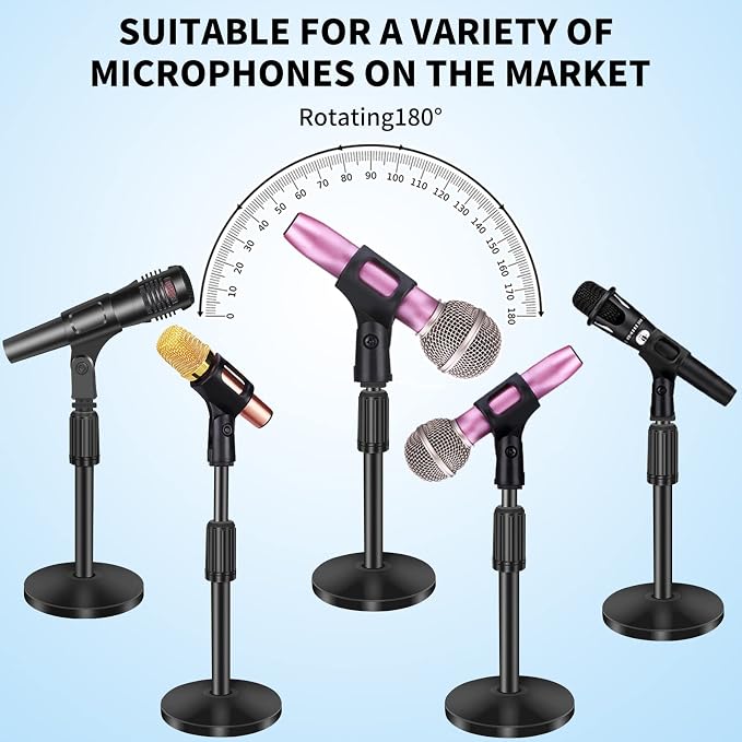2 Pack Small Microphone Stand Desk, Desktop Mic Stand Adjustable Microphone Holder Lightweight Table Mic Stand with Mic Clip for Blue Yeti Shure Microphone, without Microphone
