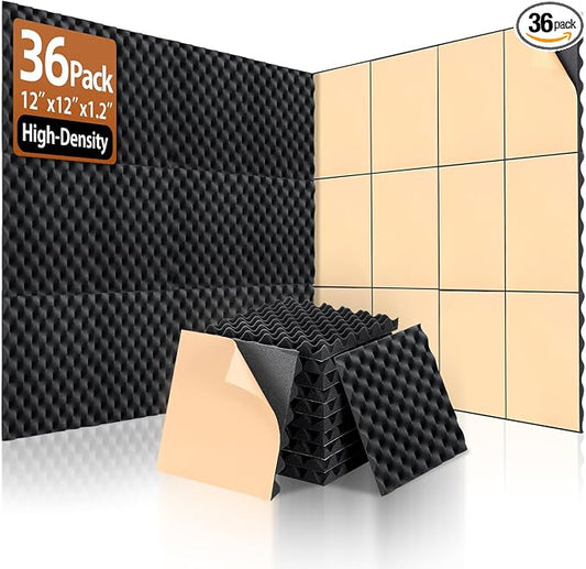 SD SODOCT 36 Pack Self-Adhesive Egg Crate Acoustic Foam 12" x 12" x 1.2" | Peel & Stick, Flame-Retardant, 30kg/m³ High Density