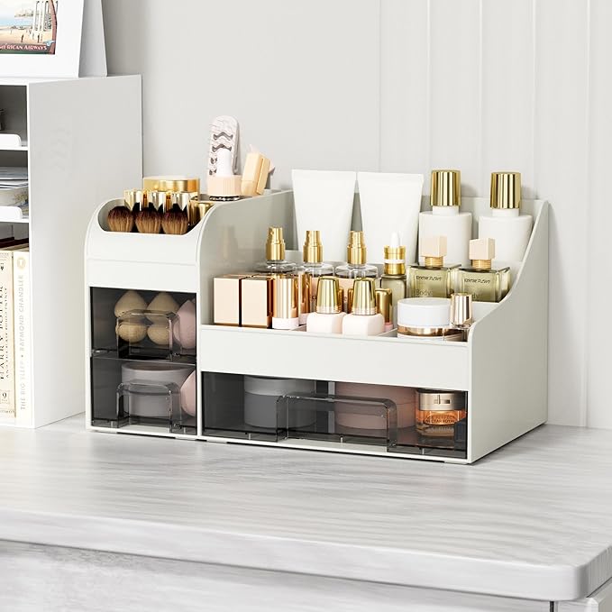 Makeup Organizer with Drawers,Large Cosmetic Storage Box,Countertop Skincare Organizer,ABS Makeup Brush Holder for Bathroom,Desk,Dresser,Multifunctional Beauty Display Case,White transparent