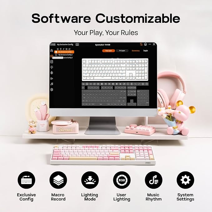 EPOMAKER TH108 Full Size Mechanical Keyboard, Wireless Gaming Keyboard with 8000mAh Battery, Creamy Gasket, 108 Keys, Hot Swap, Custom Driver, RGB Backlight (Pink, Creamy Jade)
