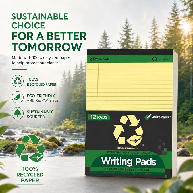 KAISA Legal Note pads 8.5 x 11，12pads 600 Sheets note pads office supplies Recycled Paper 8.5 x 11 Wide Ruled 50 sheets Premium Thick Paper Hard Back Notepads 8-1/2"x 11-3/4" Writing Tablet Canary For Office Supplies (Pack of 12)