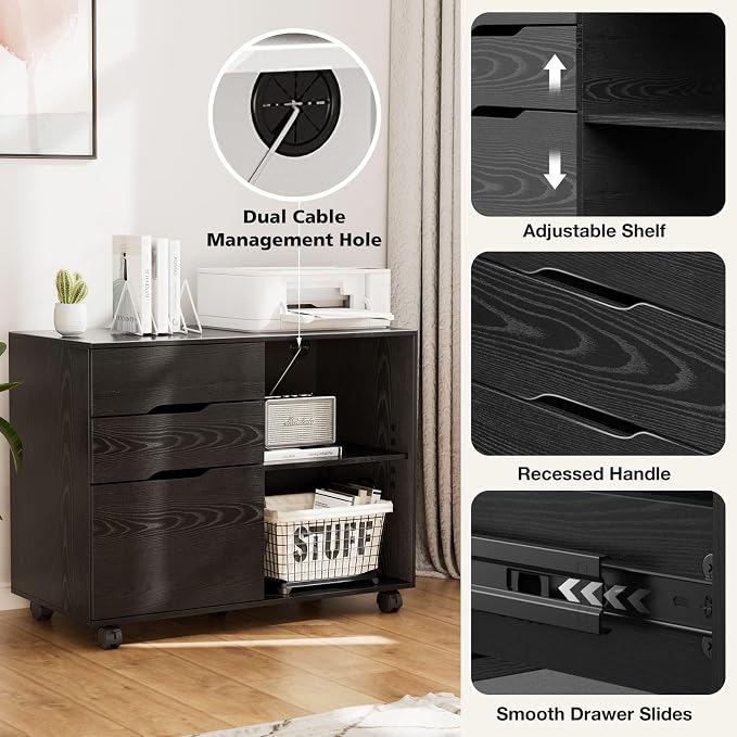 DUMOS Wood File Cabinet with 3 Drawers, Rolling Printer Stand | Under Desk Storage Organizer Home Office Space with Shelves for Files and Office Supplies, Rust