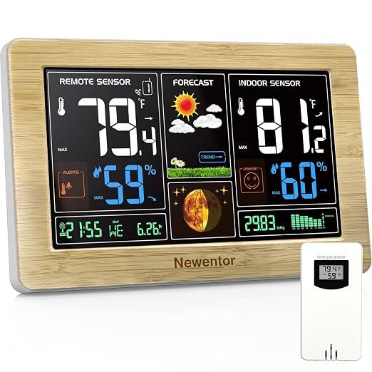 Newentor Weather Station Wireless Indoor Outdoor Thermometer, Wood,1Sensor | Color Display Digital Weather Thermometer with Atomic Clock, Barometric Pressure, Forecast Station with Adjustable Backlight