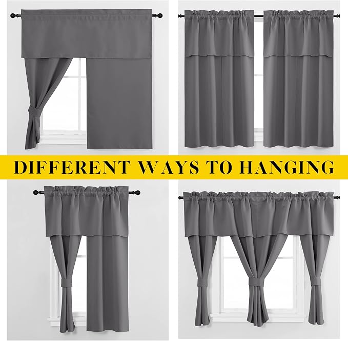 NICETOWN Short Curtains with Attached Valance for Small Window, Thermal Insulated Rod Pocket Room Darkening Curtains for Living Room, 52" Wide x 45" Long, 2 Panels, Grey